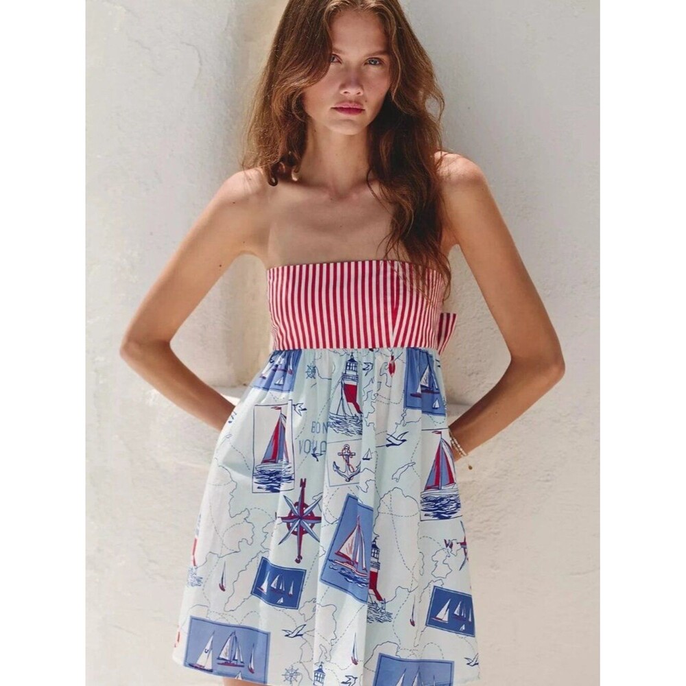 Anthropologie Celandine Cotton Printed Strapless Mini Dress Blue Sea 1XPS 290232